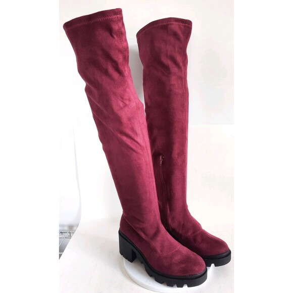 Wild Diva Thigh High Over The Knee Sock Boots Size 6.5 Faux Suede Burgundy Vegan - Picture 2 of 13